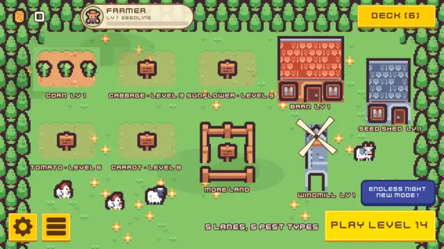 The farm: a corn field, a red barn, a seed shed, a windmill, chickens and a sheep on green grass.