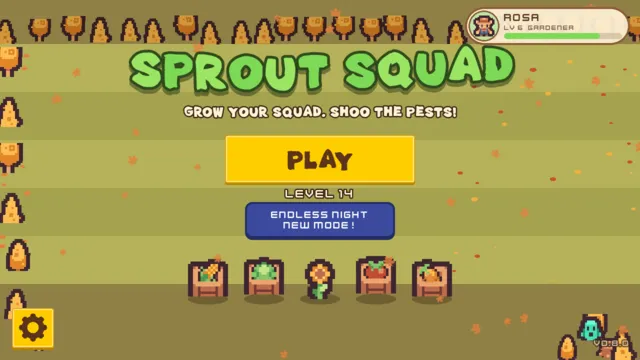 Sprout Squad title screen: a big yellow Play button above five potted plants on an autumn farm.