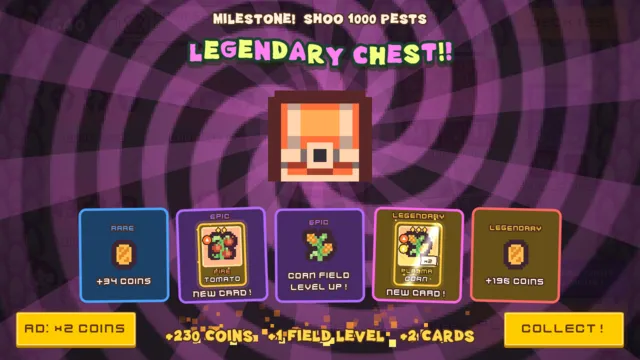 A legendary chest opening with coins, a field level-up and new epic and legendary cards.