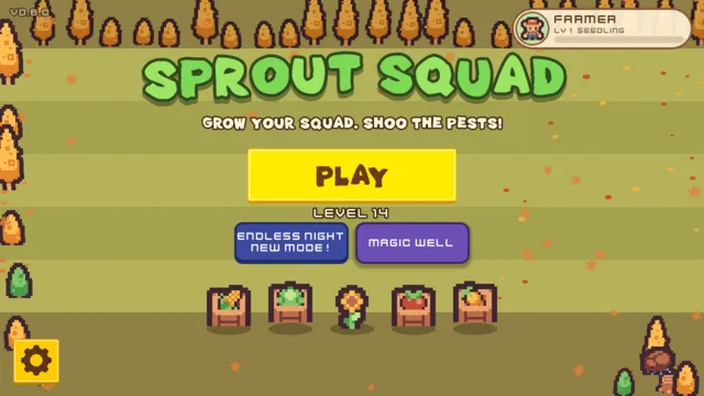 Écran titre de Sprout Squad : un grand bouton jaune Jouer, avec les boutons Nuit sans fin et Puits Magique en dessous, au-dessus de cinq plantes en pot dans une ferme en automne.